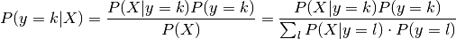 P(y=k | X) = \frac{P(X | y=k) P(y=k)}{P(X)} = \frac{P(X | y=k) P(y = k)}{ \sum_{l} P(X | y=l) \cdot P(y=l)}